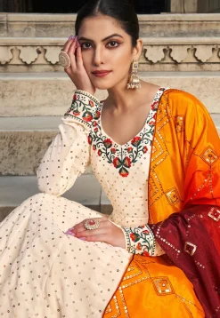 Embroidered Georgette Abaya Style Suit in Cream