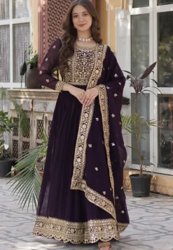 Embroidered Georgette Abaya Style Suit in Purple