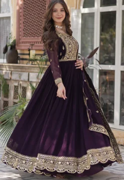 Embroidered Georgette Abaya Style Suit in Purple