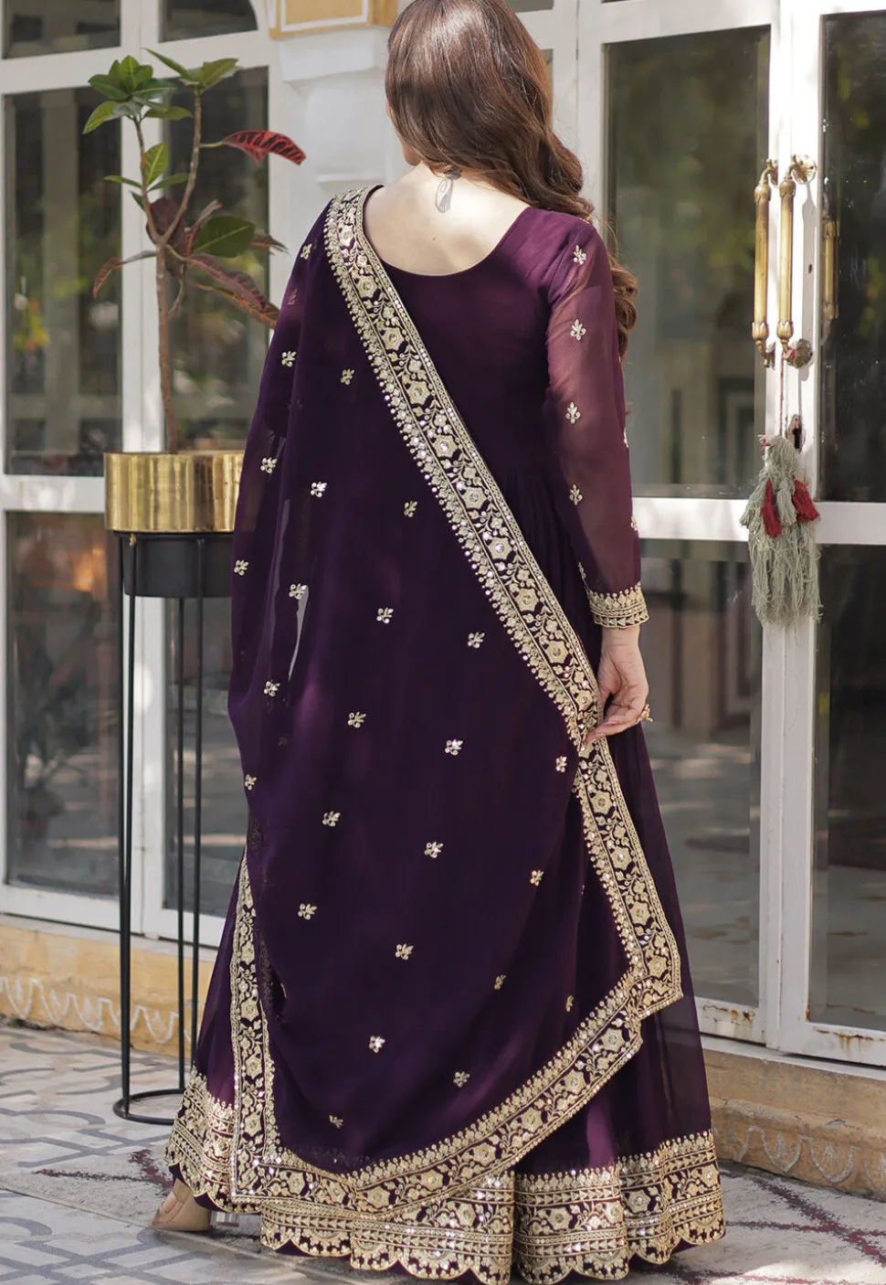 Embroidered Georgette Abaya Style Suit in Purple
