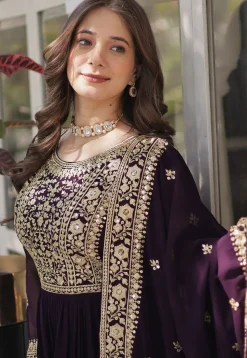 Embroidered Georgette Abaya Style Suit in Purple