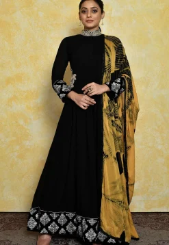 Embroidered Georgette Abaya Style Suit in Black