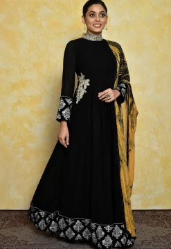 Embroidered Georgette Abaya Style Suit in Black