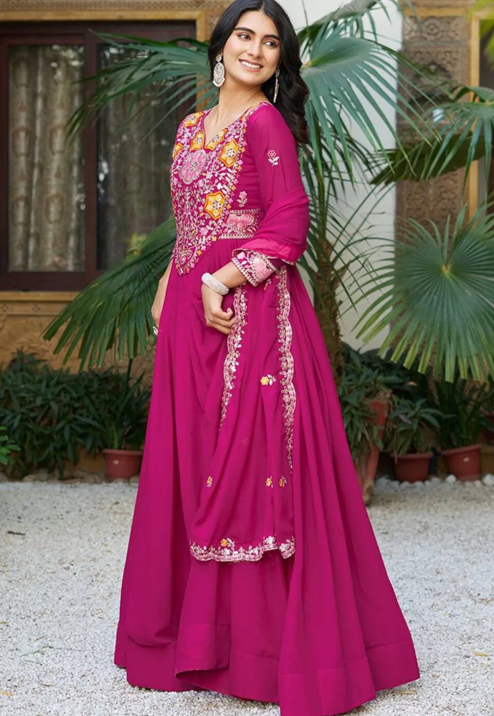 Embroidered Georgette Abaya Style Suit in Pink
