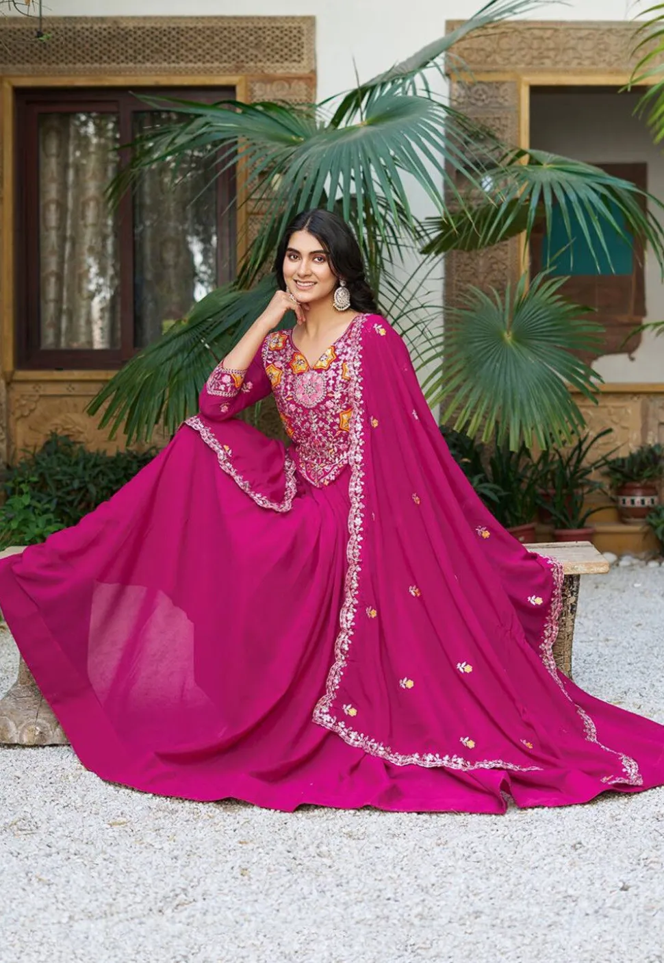 Embroidered Georgette Abaya Style Suit in Pink