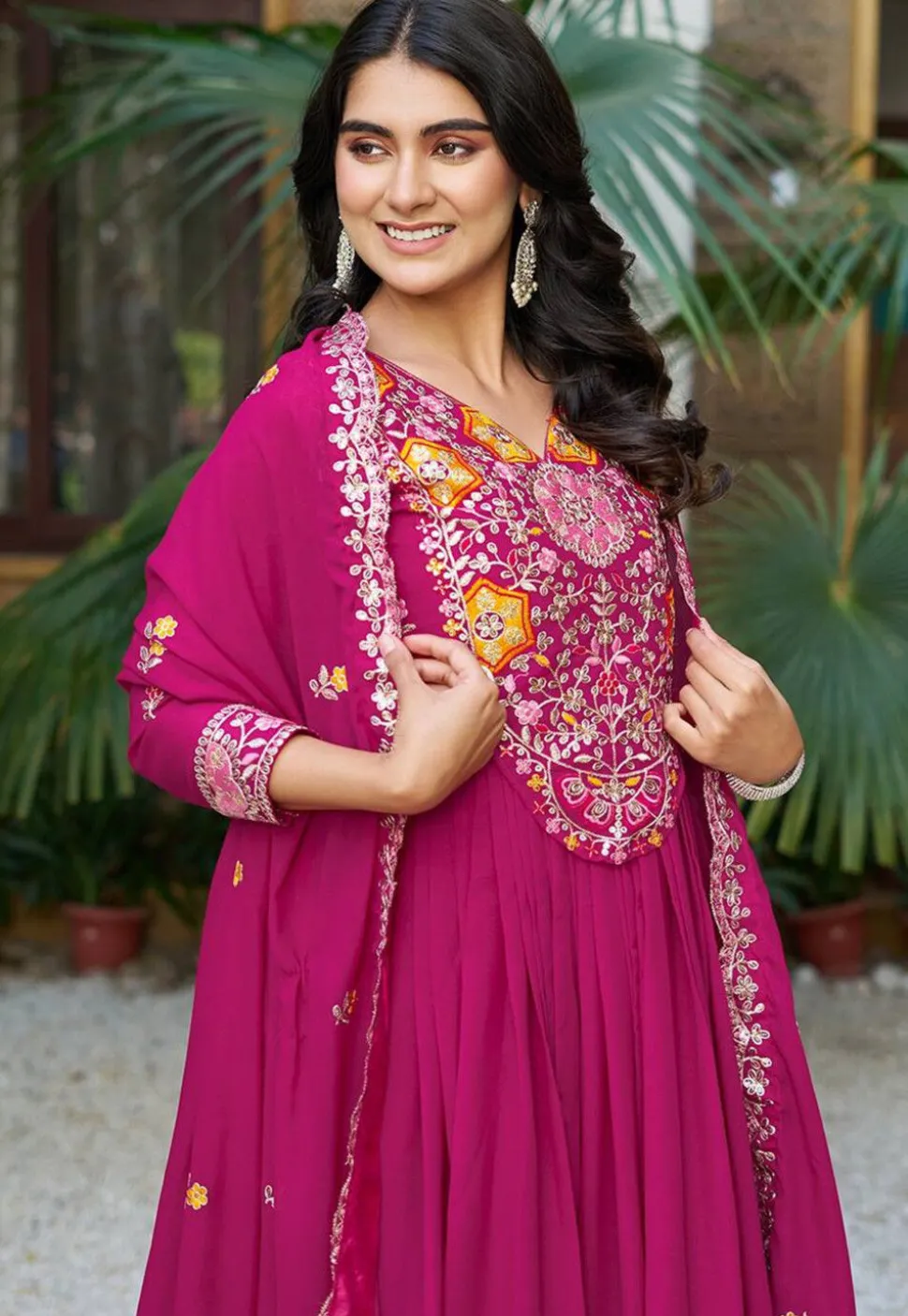 Embroidered Georgette Abaya Style Suit in Pink