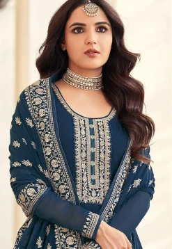 Embroidered Georgette Abaya Style Suit in Teal Blue