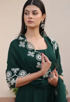 Embroidered Georgette Abaya Style Suit in Dark Green
