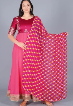 Embroidered Georgette Abaya Style Suit in Magenta and Coral Pink