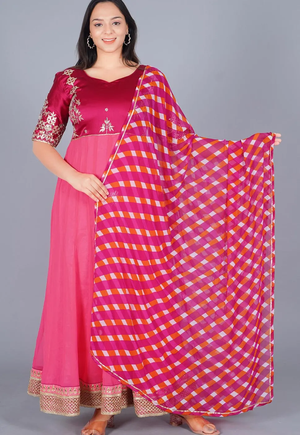 Embroidered Georgette Abaya Style Suit in Magenta and Coral Pink