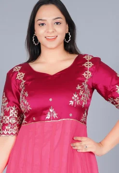 Embroidered Georgette Abaya Style Suit in Magenta and Coral Pink