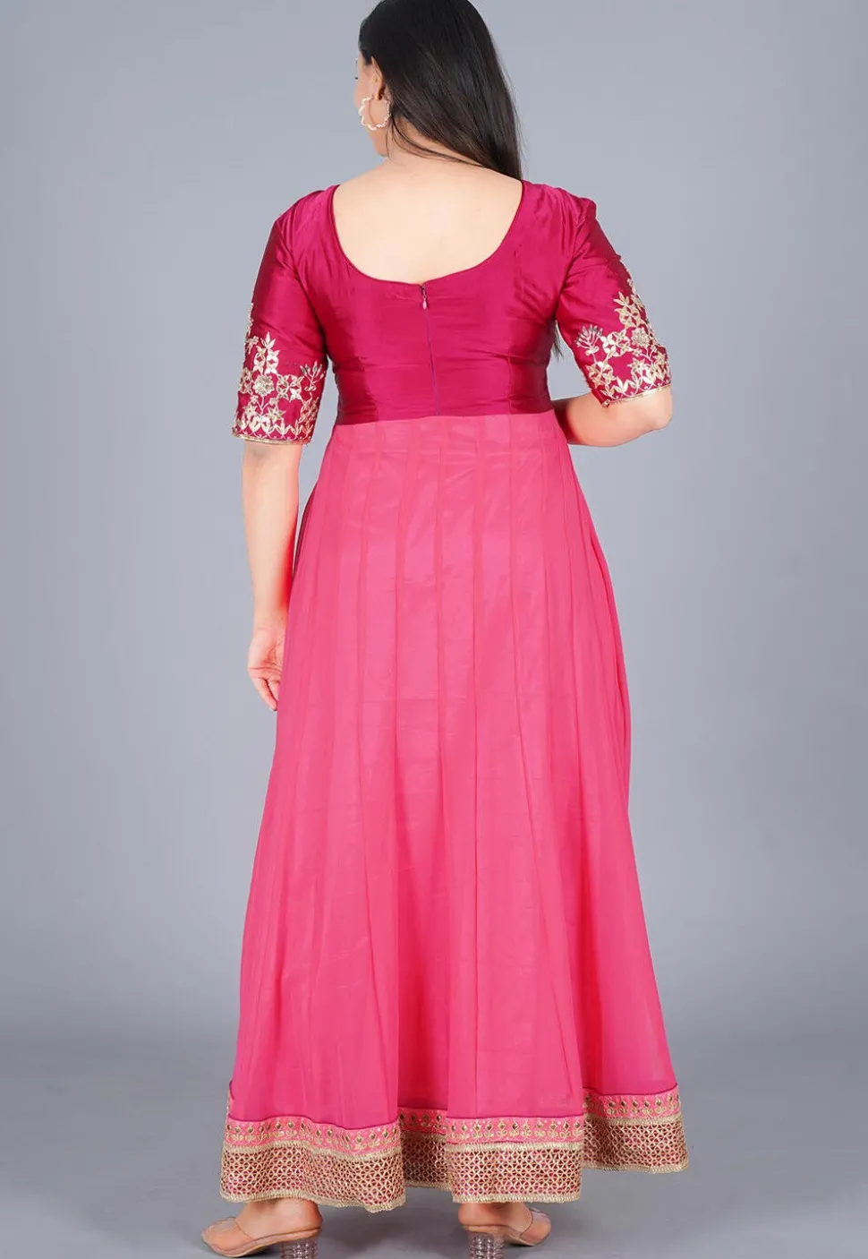 Embroidered Georgette Abaya Style Suit in Magenta and Coral Pink