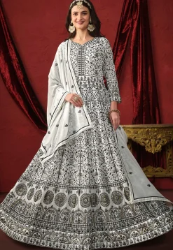 Embroidered Georgette Abaya Style Suit in Off White