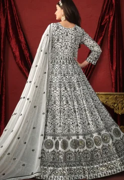 Embroidered Georgette Abaya Style Suit in Off White
