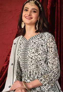 Embroidered Georgette Abaya Style Suit in Off White