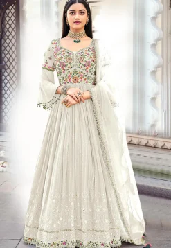 Embroidered Georgette Abaya Style Suit in Off White