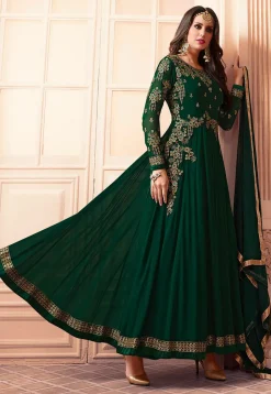 Embroidered Georgette Abaya Style Suit in Dark Green