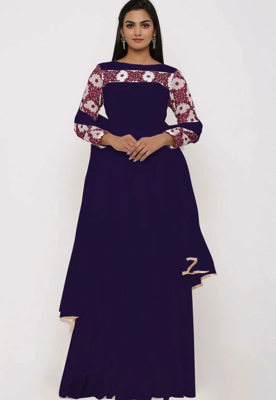 Embroidered Georgette Abaya Style Suit in Purple