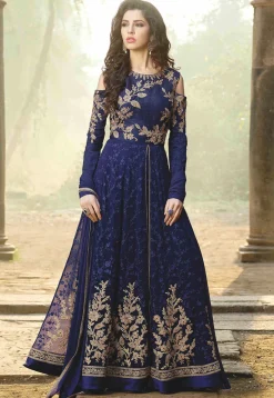 Embroidered Georgette Abaya Style Suit in Blue