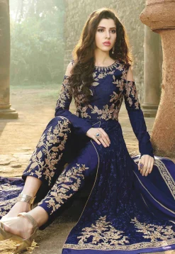 Embroidered Georgette Abaya Style Suit in Blue