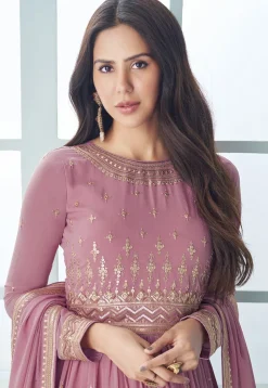 Embroidered Georgette Abaya Style Suit in Light Purple