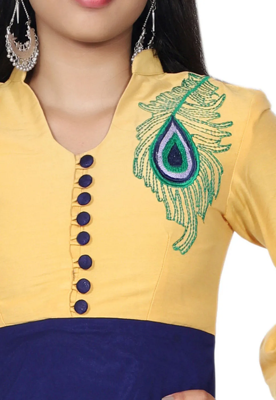Embroidered Georgette Abaya Style Suit in Navy Blue and Yellow