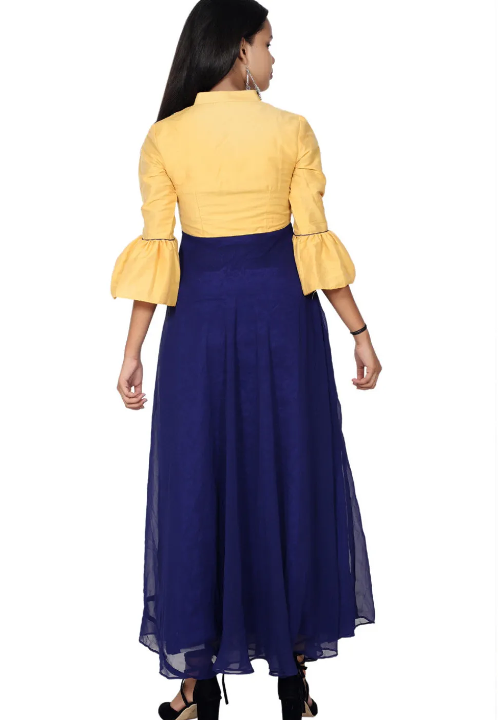 Embroidered Georgette Abaya Style Suit in Navy Blue and Yellow