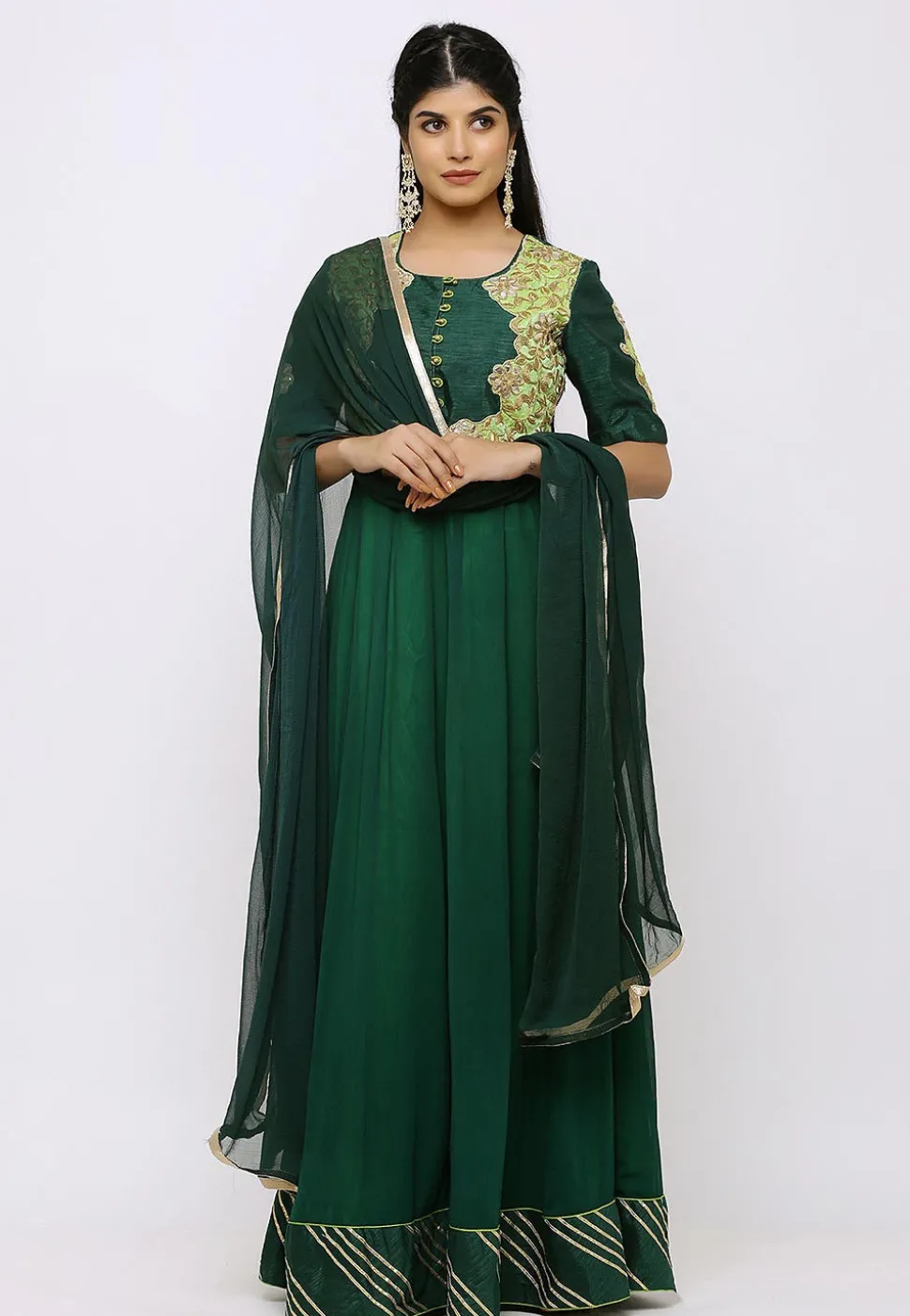 Embroidered Georgette Abaya Style Suit in Dark Green
