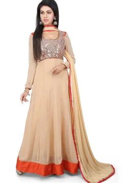 Embroidered Georgette Abaya Style Suit in Beige