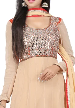 Embroidered Georgette Abaya Style Suit in Beige