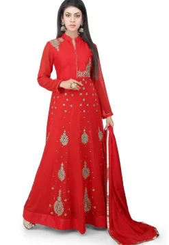 Embroidered Georgette Abaya Style Suit in Red