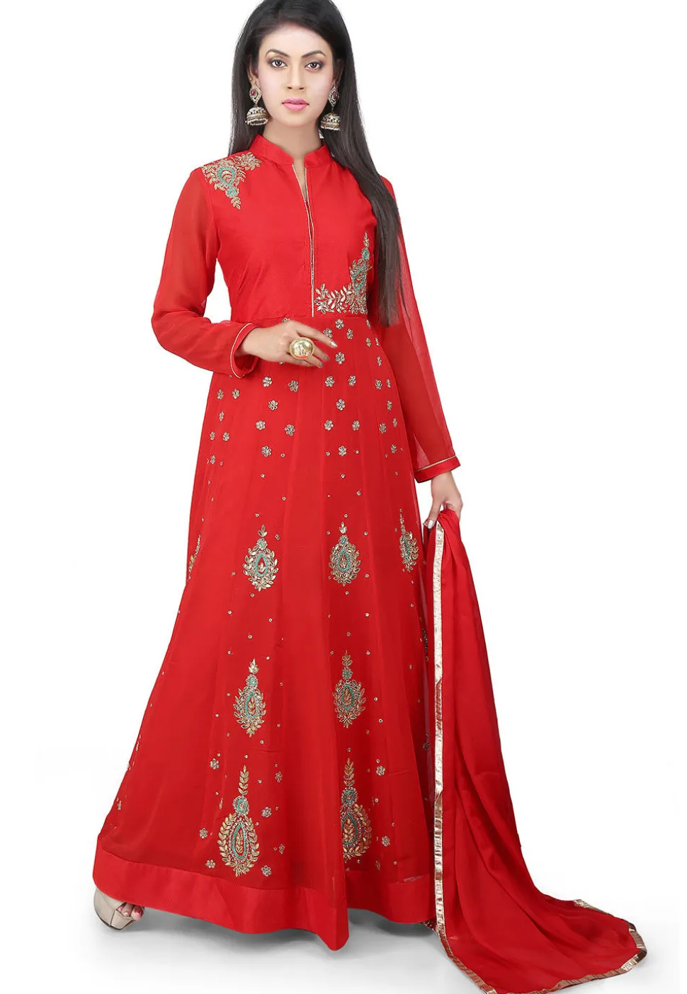 Embroidered Georgette Abaya Style Suit in Red