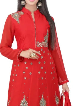 Embroidered Georgette Abaya Style Suit in Red