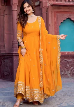 Embroidered Georgette Abaya Style Suit in Orange