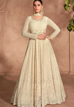 Embroidered Georgette Abaya Style Suit in Beige