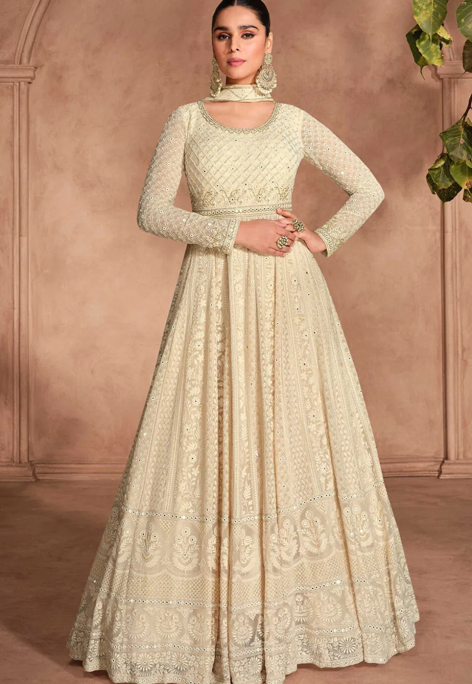Embroidered Georgette Abaya Style Suit in Beige
