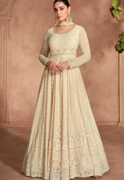Embroidered Georgette Abaya Style Suit in Beige