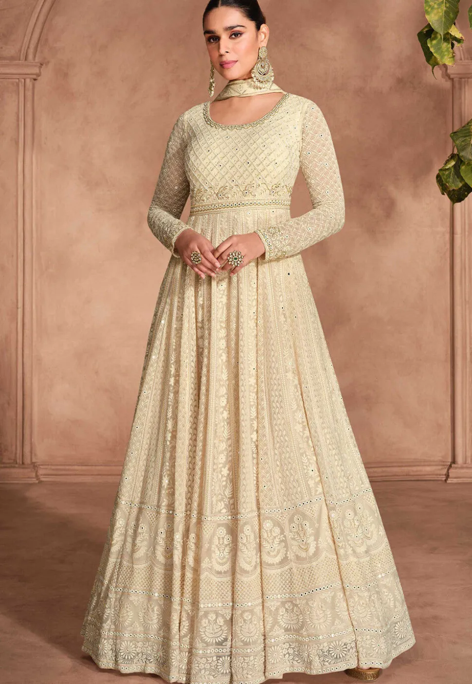 Embroidered Georgette Abaya Style Suit in Beige