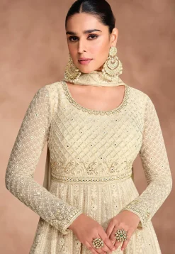 Embroidered Georgette Abaya Style Suit in Beige