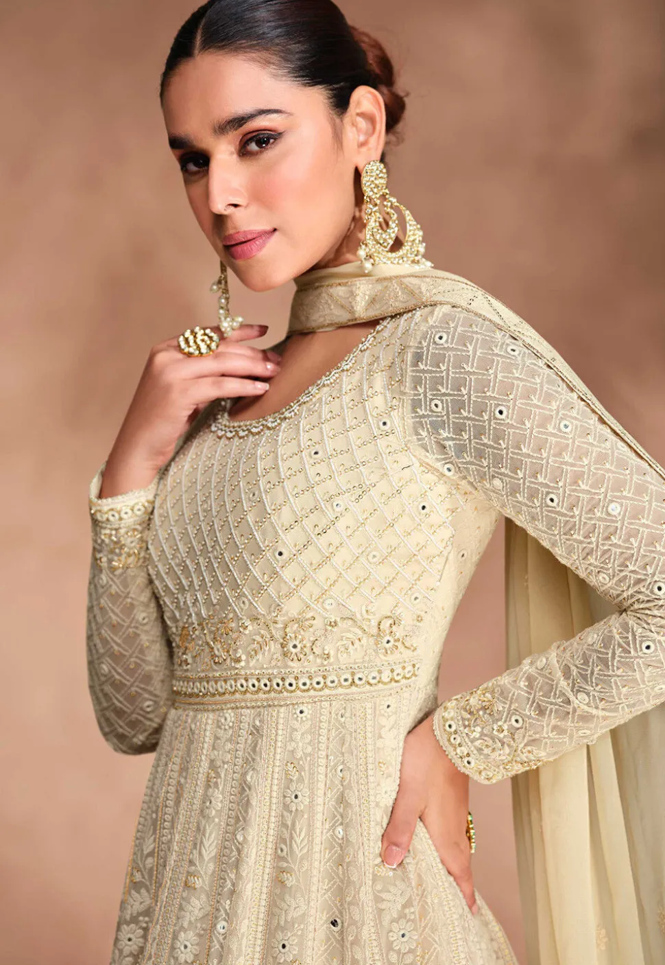 Embroidered Georgette Abaya Style Suit in Beige