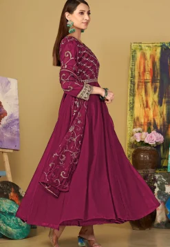 Embroidered Georgette Abaya Style Suit in Dark Pink