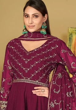 Embroidered Georgette Abaya Style Suit in Dark Pink