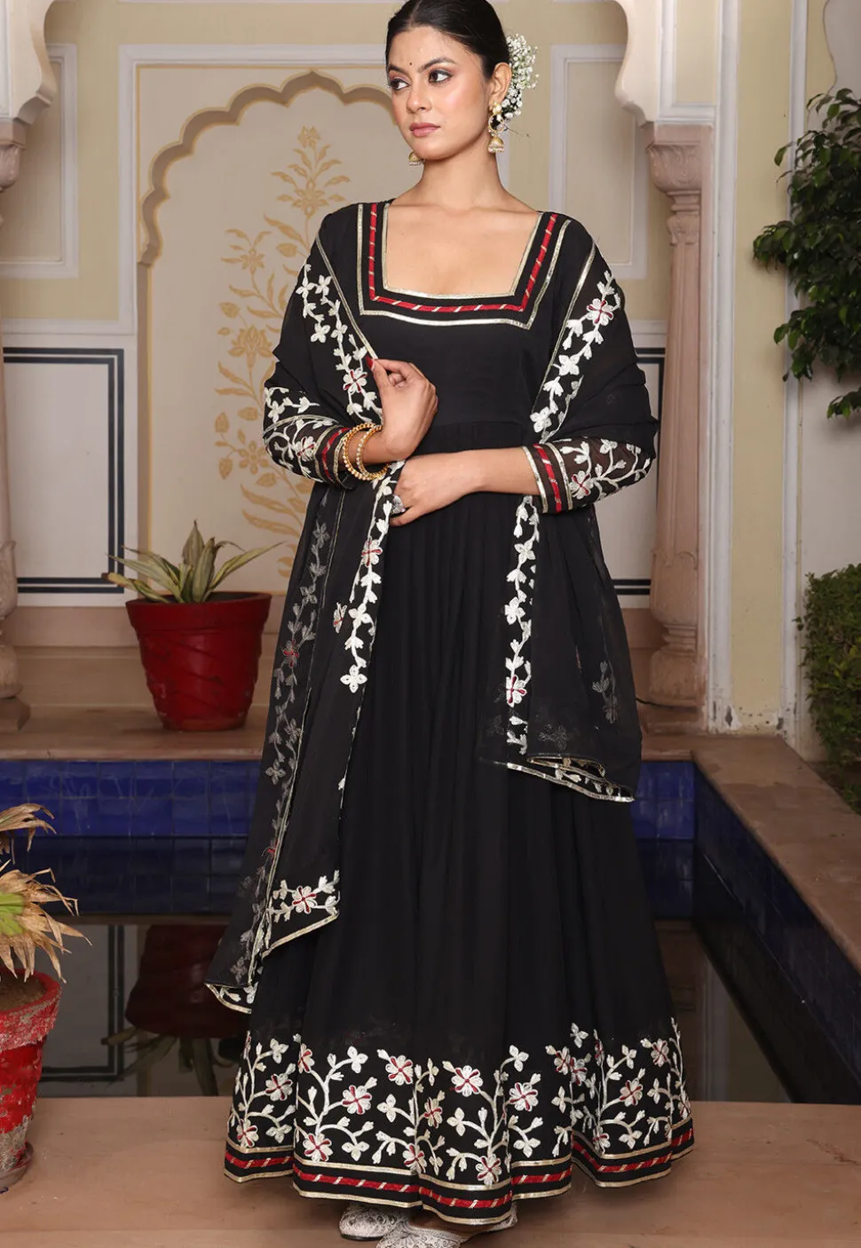 Embroidered Georgette Abaya Style Suit in Black