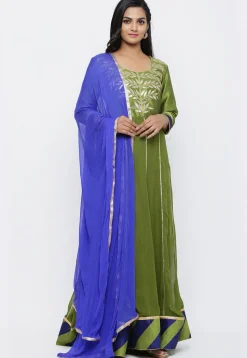 Embroidered Georgette Abaya Style Suit in Olive Green