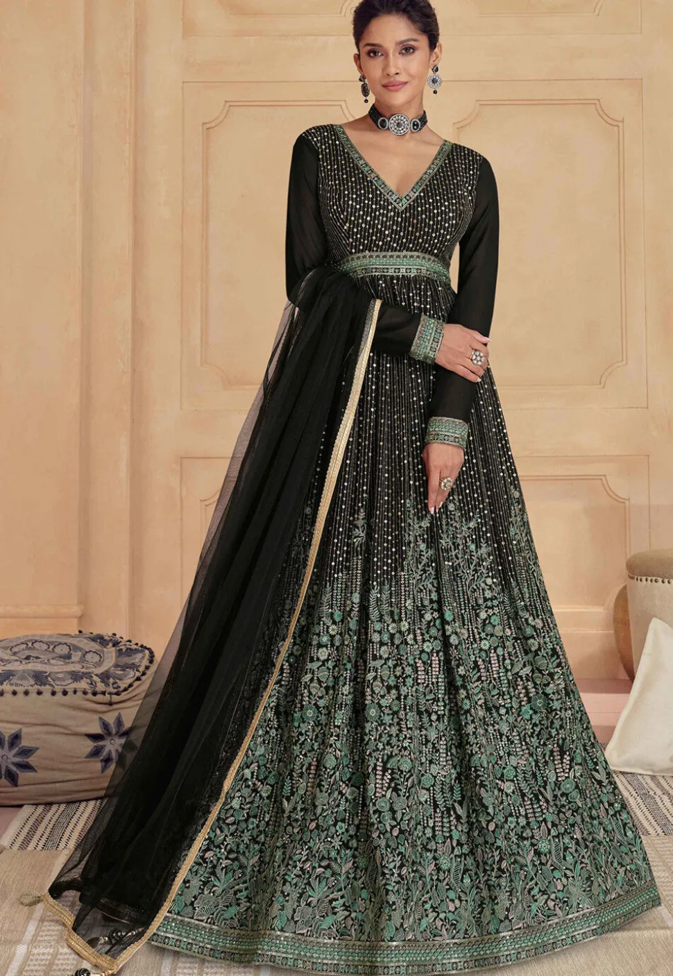Embroidered Georgette Abaya Style Suit in Black
