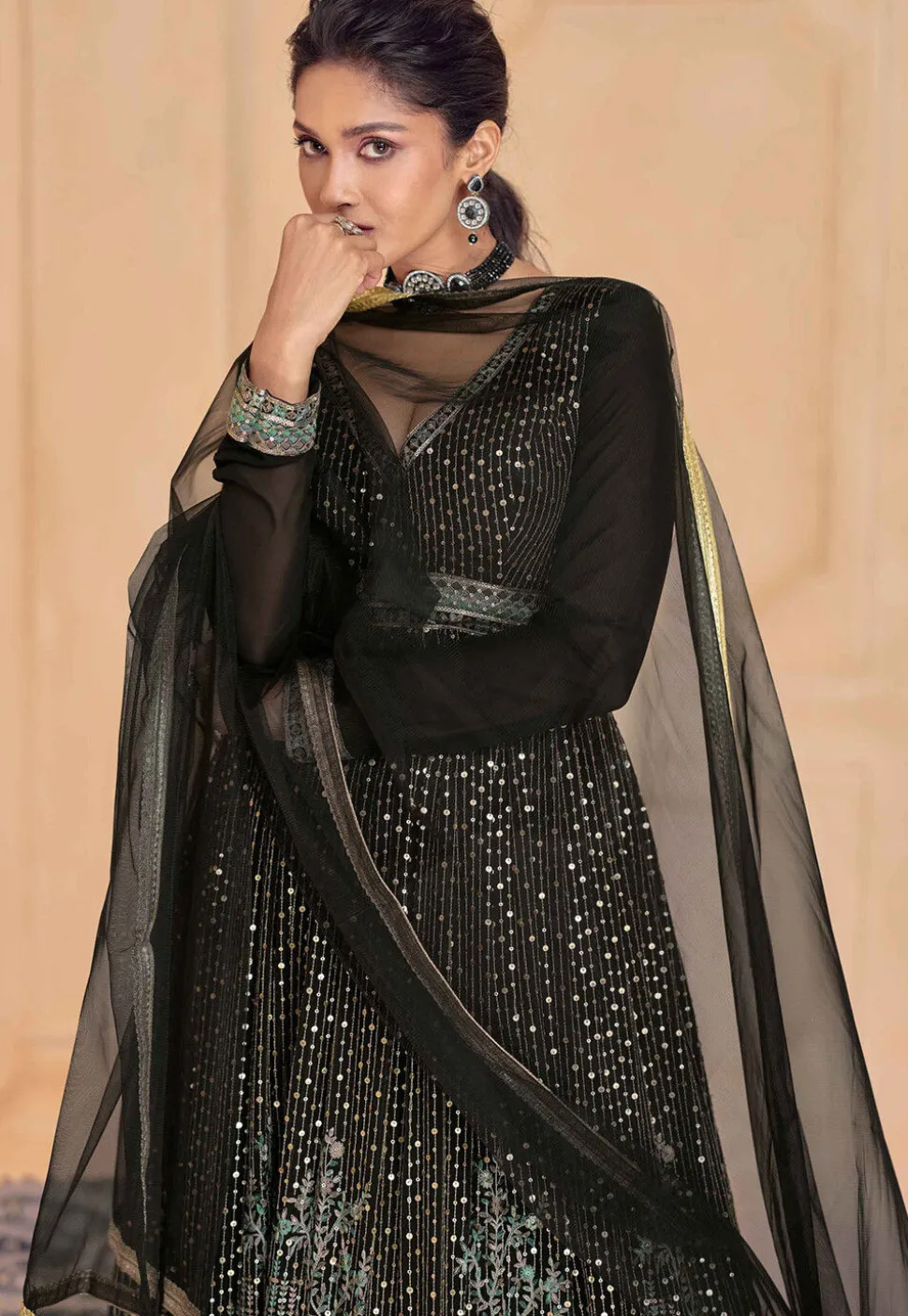 Embroidered Georgette Abaya Style Suit in Black