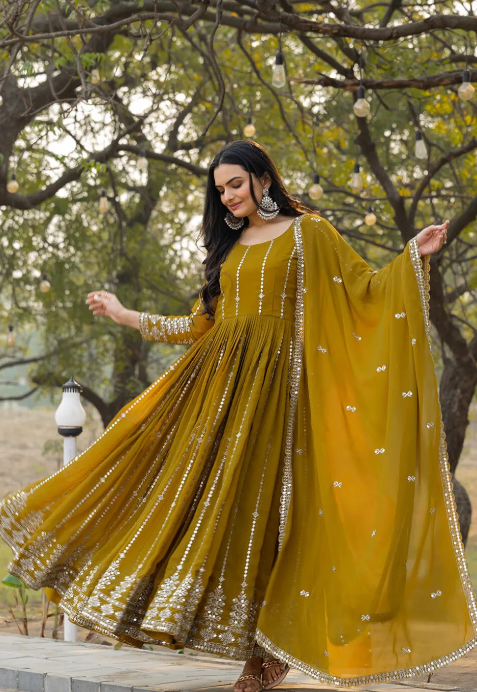 Embroidered Georgette Abaya Style Suit in Mustard