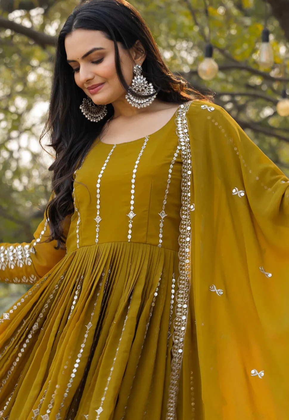 Embroidered Georgette Abaya Style Suit in Mustard