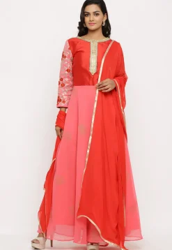 Embroidered Georgette Abaya Style Suit in Peach and Red