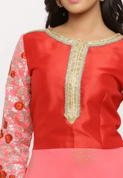 Embroidered Georgette Abaya Style Suit in Peach and Red
